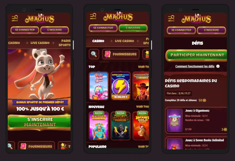 Version mobile de Magius Casino avec navigation, jeux de casino et défis hebdomadaires
